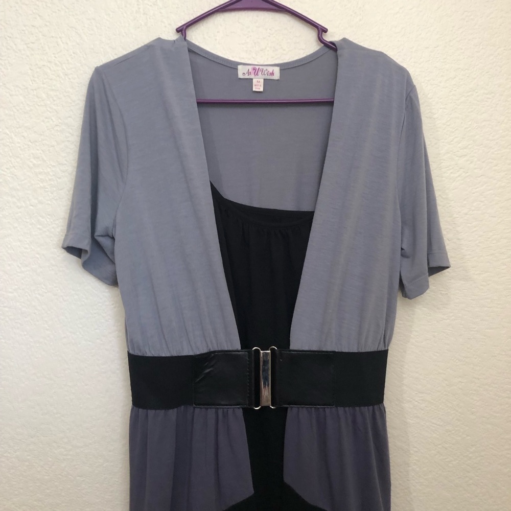 AS U WISH Medium Layered Belted Dress Colorblock Black Gray Short Sleeve NWOT - Picture 2 of 16